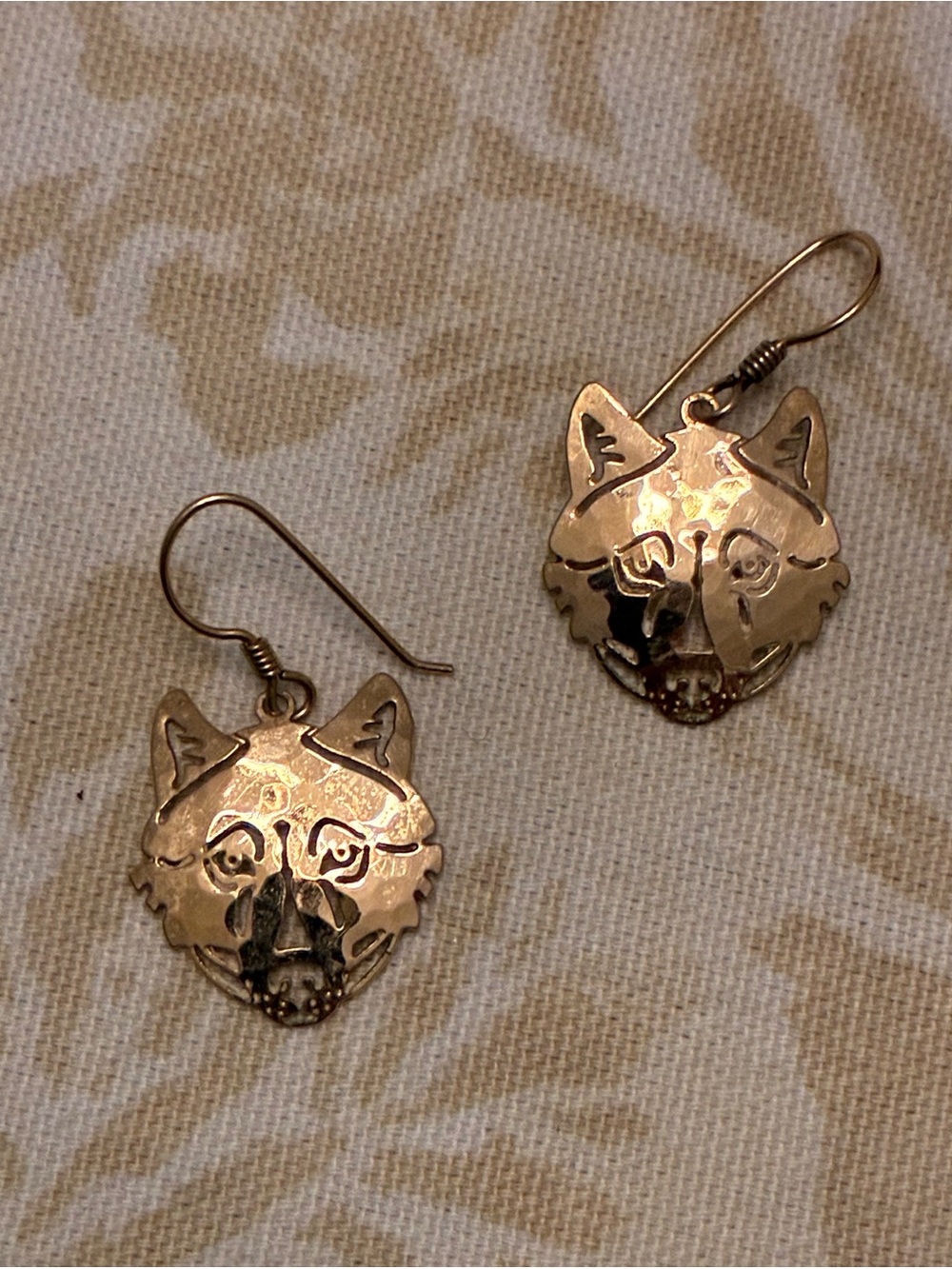 Wild Bryde Wolf Earrings 14K Gold Plate French Wire Dangle Vintage.